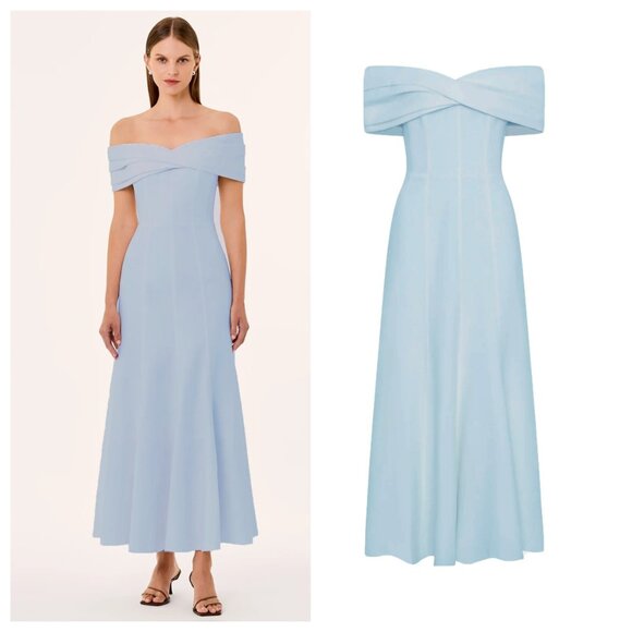 NICHOLAS Linen Blend Diana Off Shoulder Maxi Dress Sky Blue